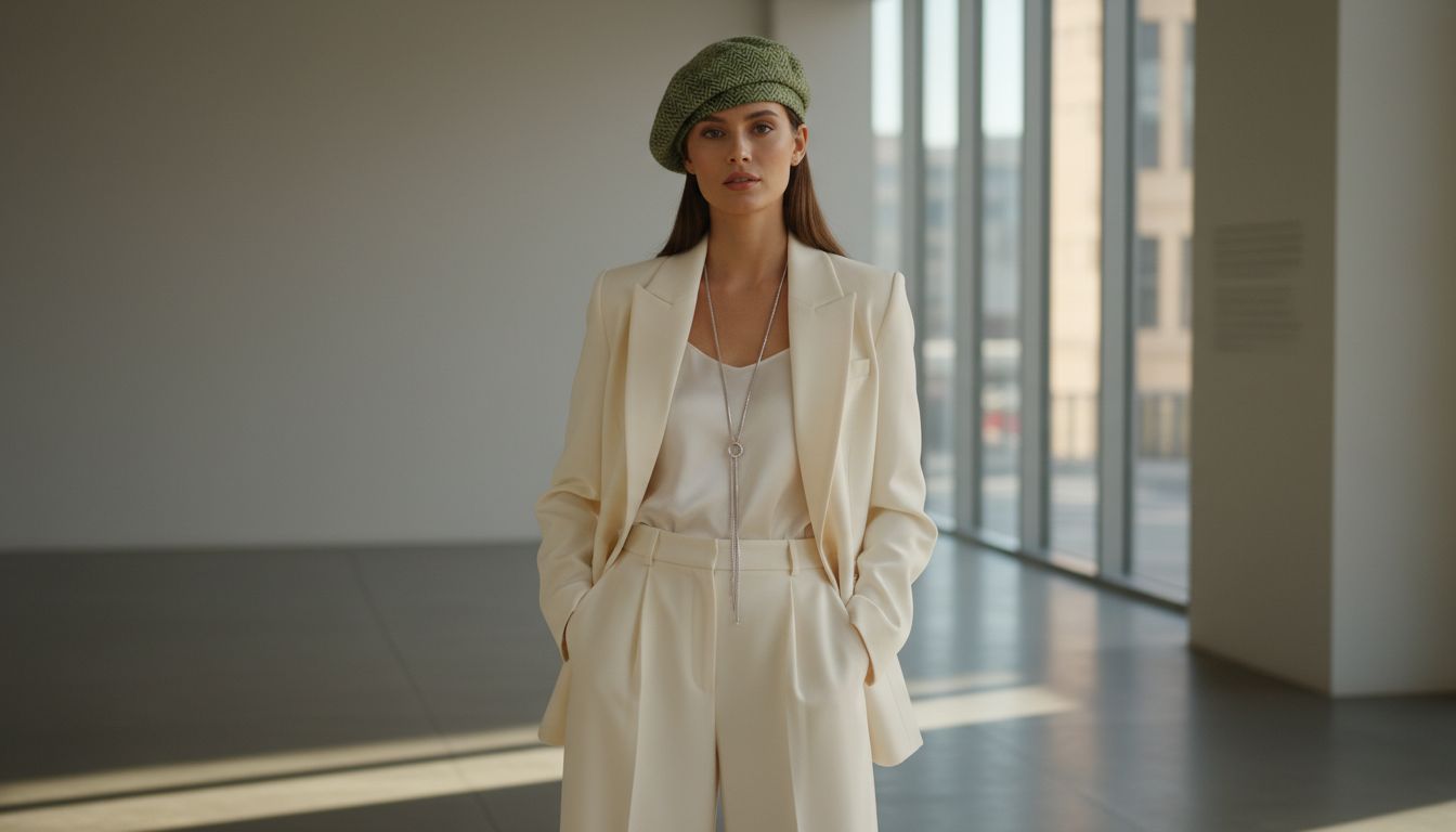 Женщина в строгом брючном костюме цвета слоновой кости, с твидовым беретом оттенка Серпентина и длинным серебряным колье.