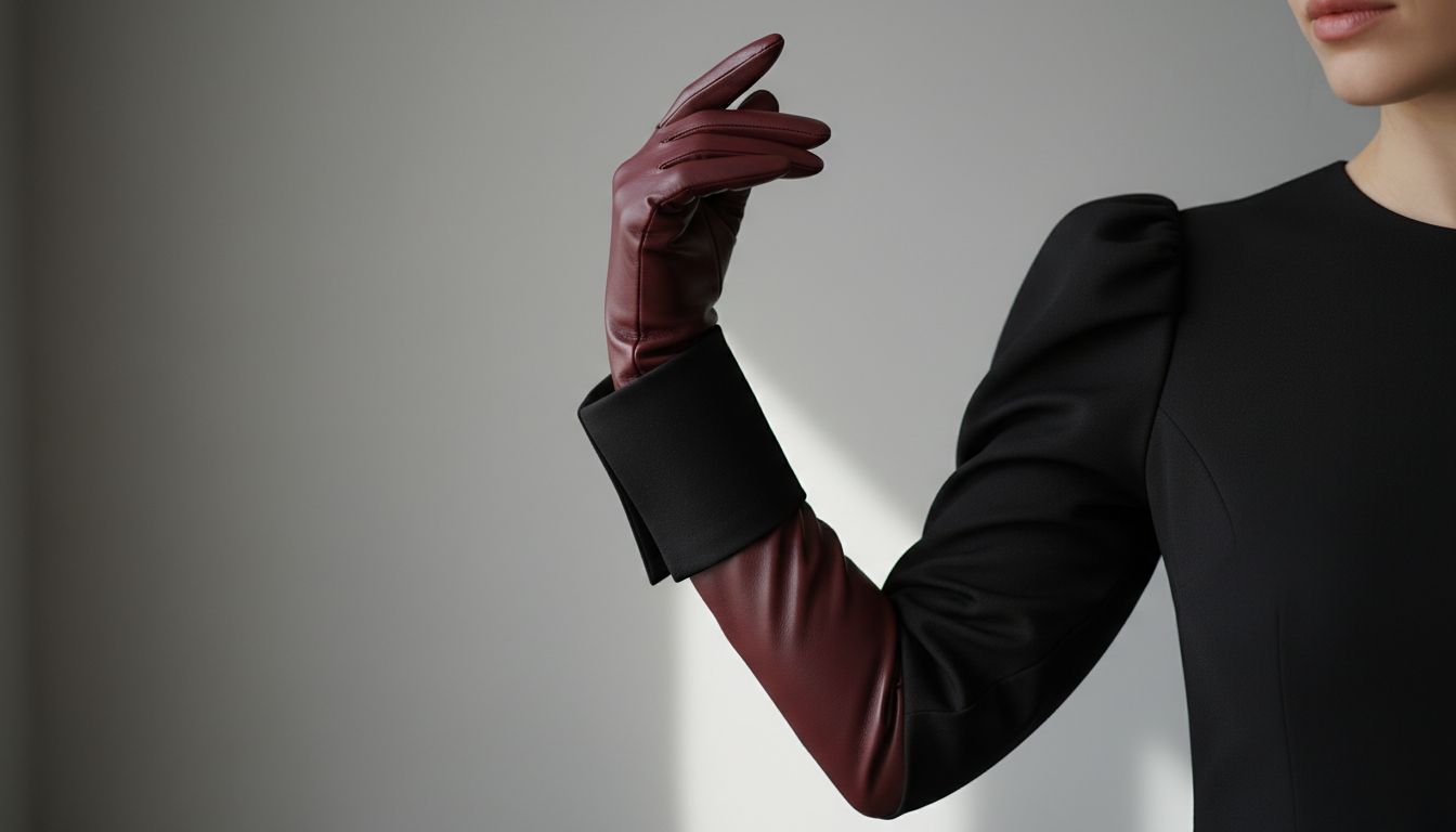 Женщина в черном платье с фонариками, демонстрирующая как длинная бордовая кожаная перчатка выходит из-под жесткого манжета рукава.
