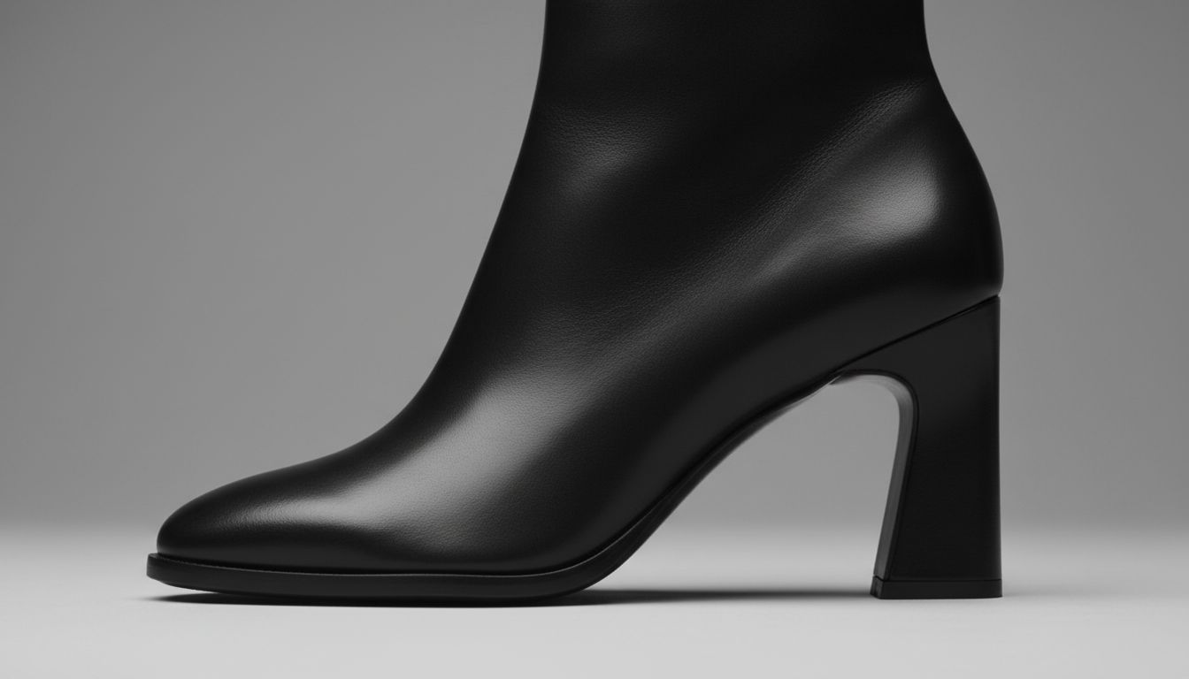 Крупный план ботильона с каблуком-консолью, демонстрирующим пустое пространство под сводом стопы и чистый, гладкий профиль.