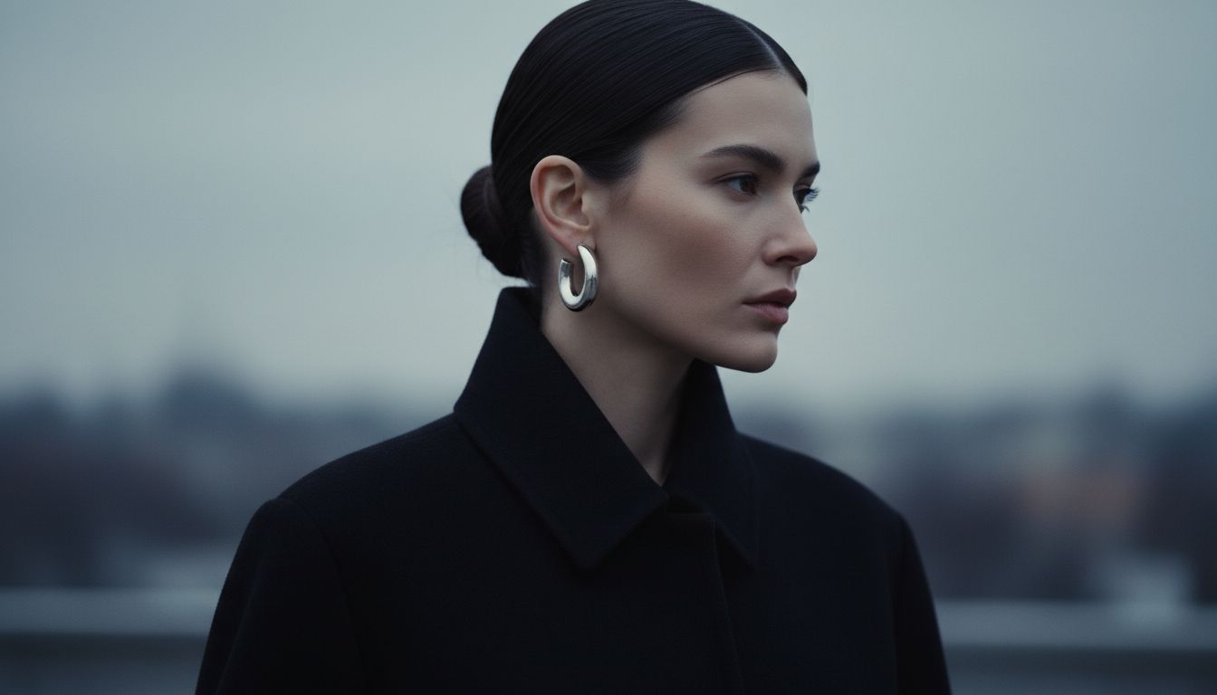 Женщина в черном шерстяном пальто с жестким воротником, волосы собраны, акцент на массивных серебряных серьгах С-Дуга и чистом профиле.