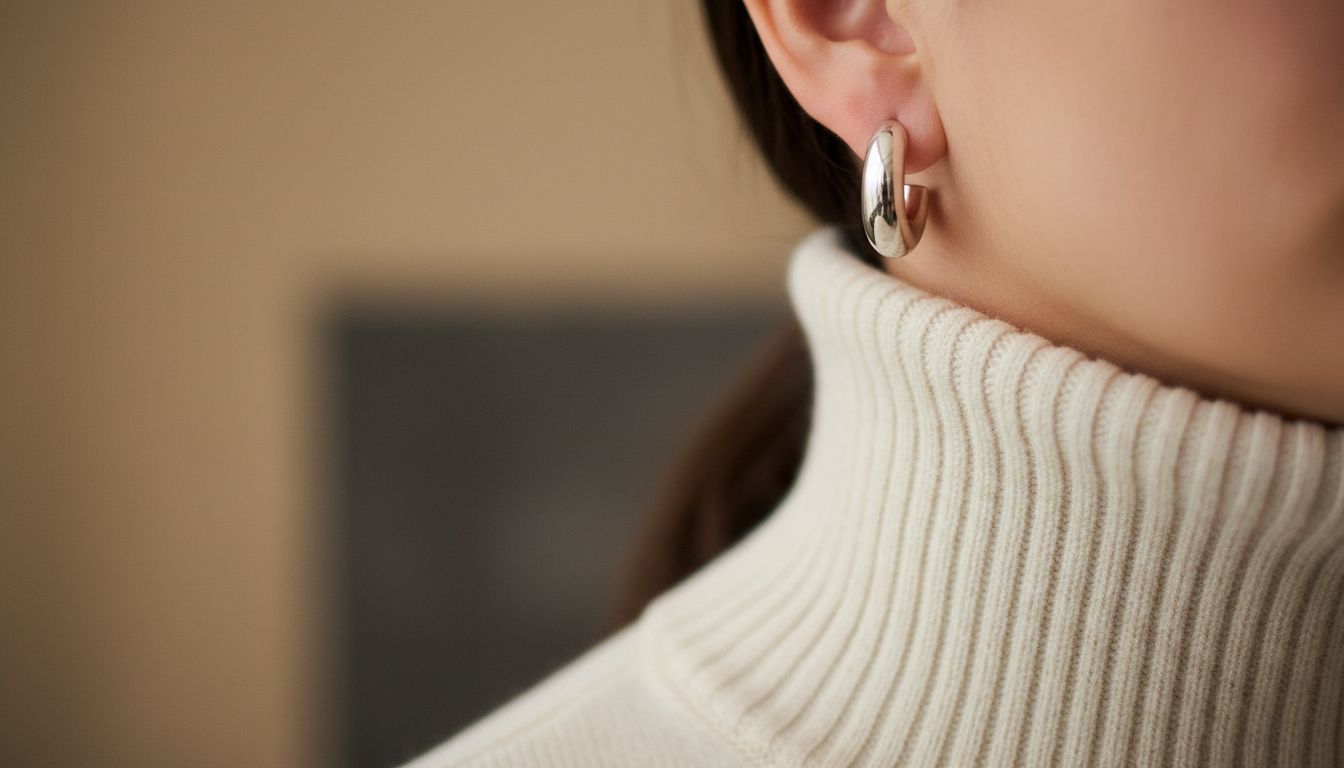 Деталь: Крупный план уха, где массивная С-Дуга серьга гармонично сочетается с плотным, высоким воротником из мериносовой шерсти.