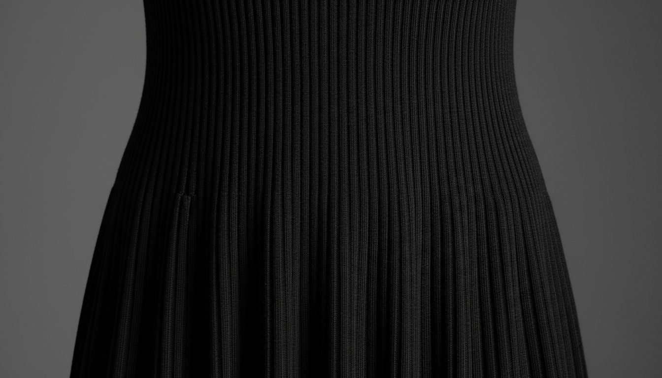 Детальный снимок плотного технического риба, подчеркивающий глубину и четкость вертикального рубчика на черном платье.