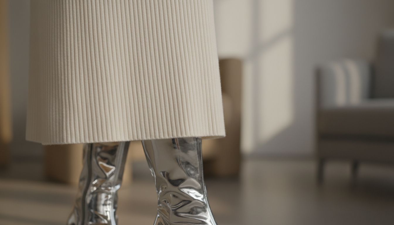 Крупный план, показывающий сочетание матовой текстуры платья из риба и глянцевого, зеркального хромированного ботильона.