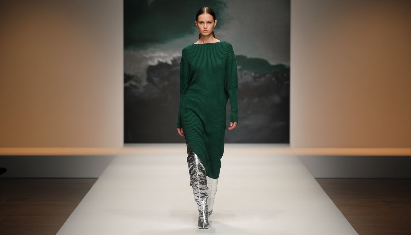 Подиумный образ: платье макси из темно-зеленого риба и высокие серебряные сапоги с эффектом 'мятой фольги'.