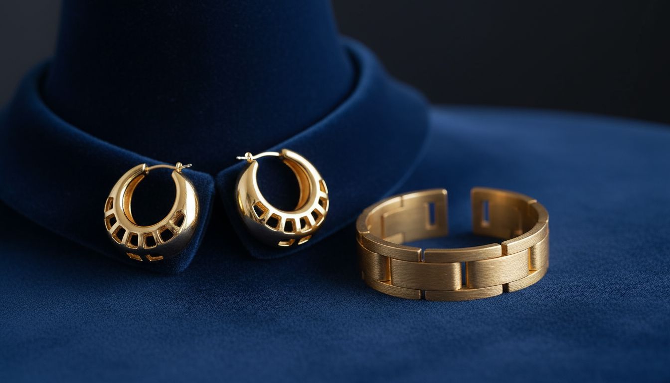 Детальный снимок золотистых украшений - массивных серег и браслета - на фоне воротника из велюра цвета Deep Matte Indigo.