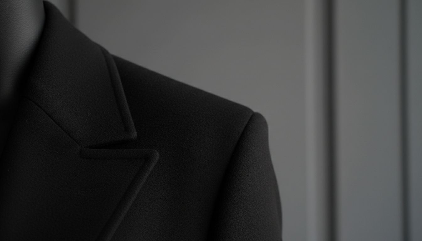 Крупный план плеча строгого черного пальто, демонстрирующий жесткий, выступающий горизонтальный край.