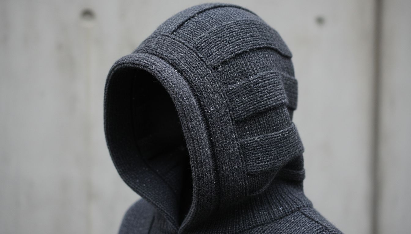 Крупный план текстуры плотного кашемирового капюшона в цвете мокрого асфальта, показывающий его жесткую, формообразующую вязку.