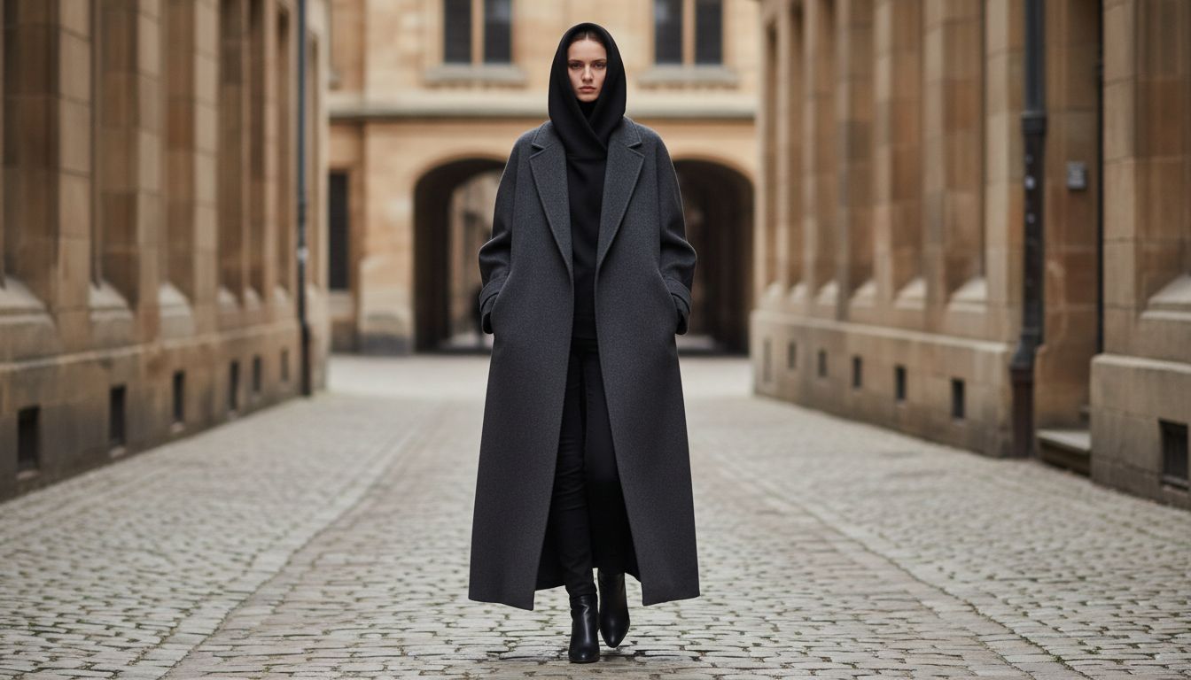 Стилизация: Модель в очень длинном, объемном сером пальто, из-под которого виден черный кашемировый капюшон, плотно облегающий контур головы и шеи. Акцент на вертикальной линии.