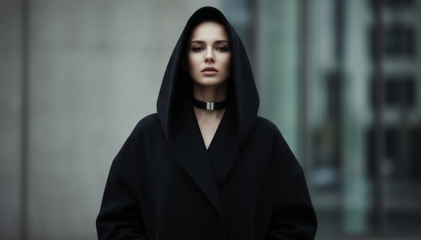 Женщина в черном оверсайз пальто, капюшон плотно облегает голову, открывая только глаза и скулы. На шее виден тонкий, жесткий металлический чокер.