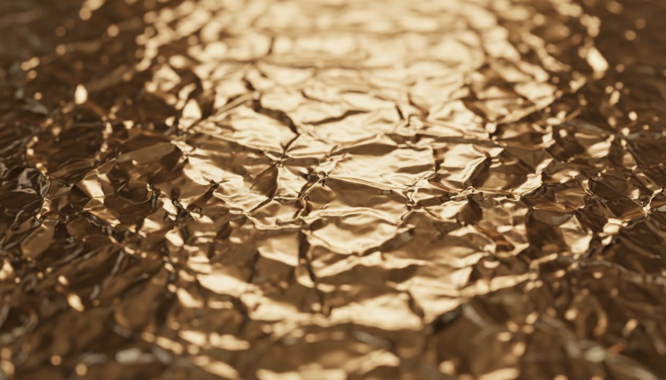 Крупный план текстуры мятого золотого металлика, демонстрирующий хаотичные, но четкие складки и преломление света.