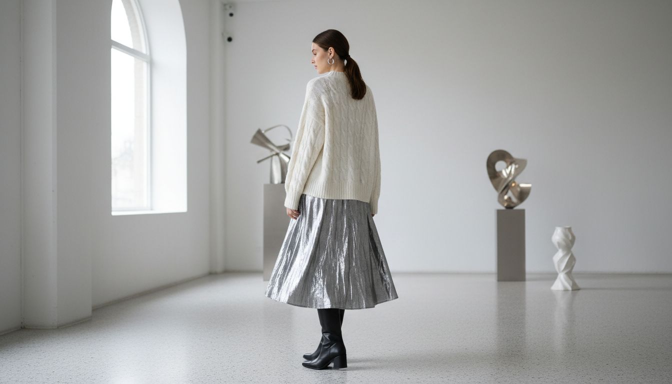 Модель в юбке-миди из серебристого мятого металлика и очень объемном, толстом свитере крупной вязки цвета слоновой кости.