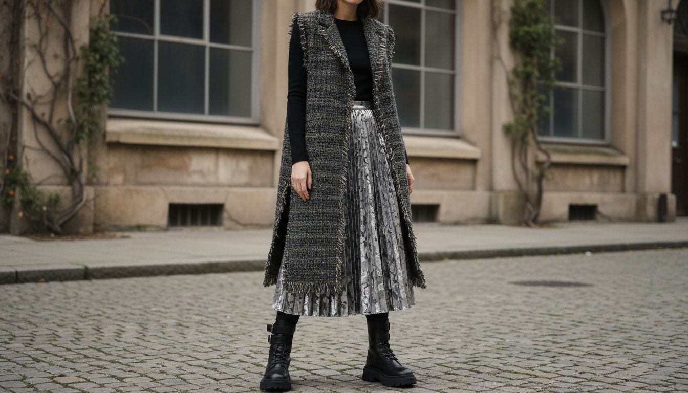 Стилизация юбки из мятого металлика с грубыми военными ботинками и длинным жилетом из твида.