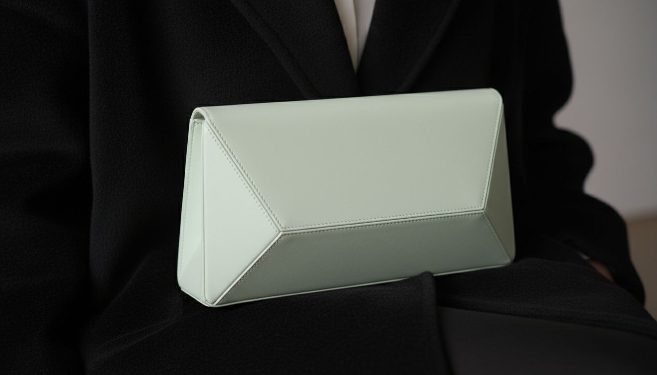 Крупный план жесткого клатча из тонкой кожи цвета ледяного нефрита, лежащего на черном кашемировом пальто.