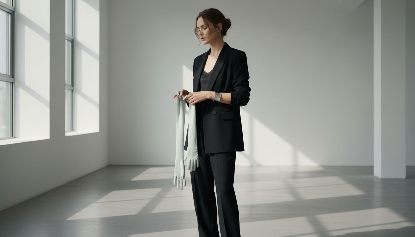 Модель в черном брючном костюме, держащая в руках длинные перчатки из тонкой кожи цвета ледяного нефрита. Виден четкий серебряный браслет.