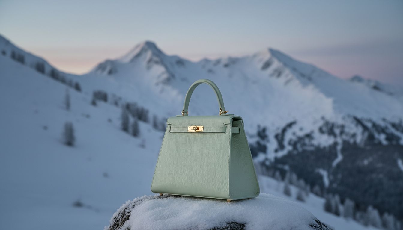 Жесткая сумка-трапеция из кожи цвета ледяного нефрита на фоне снежного пейзажа.