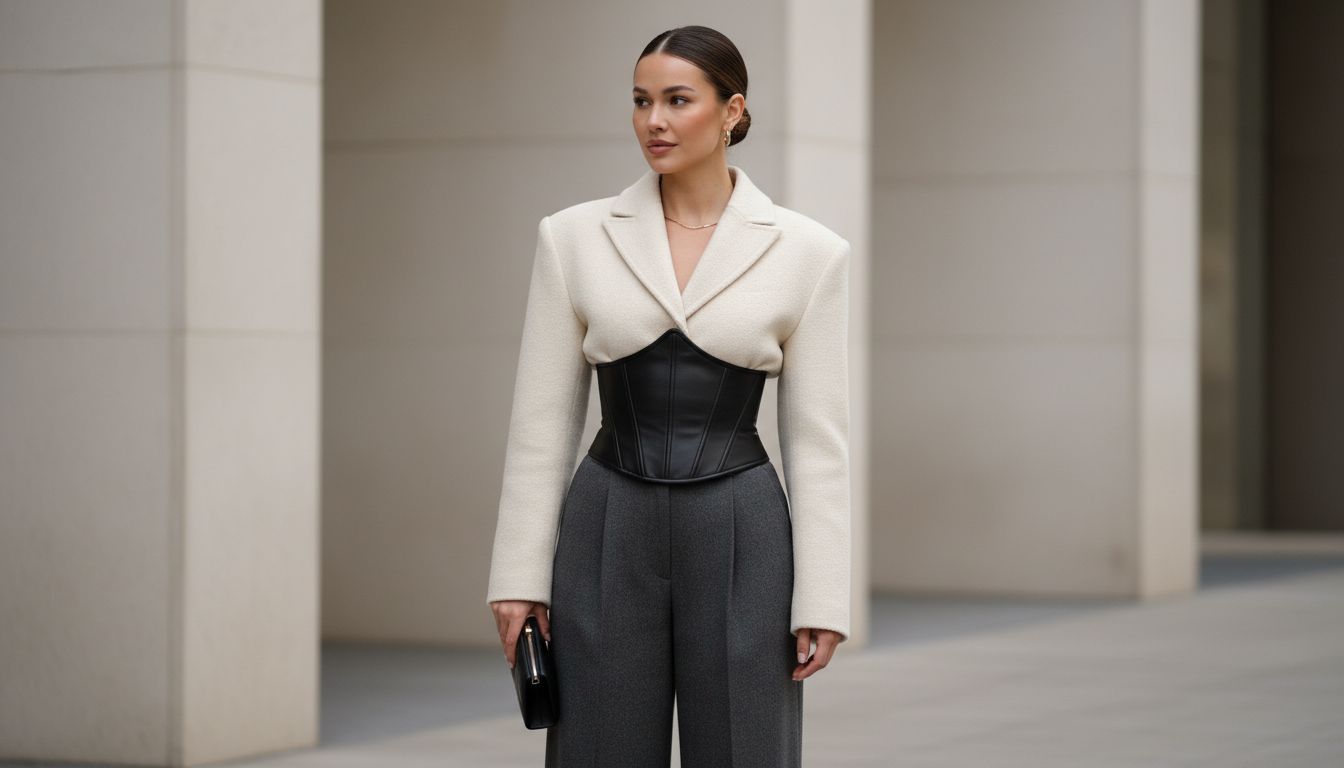 Девушка в брюках с корсетным поясом и коротким жакетом-болеро из плотной шерсти, подчеркивающим жесткую линию талии.