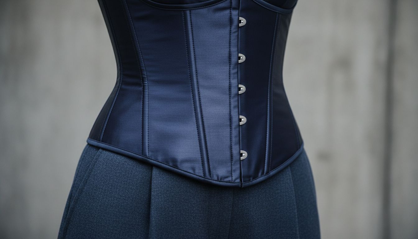 Детальный снимок жесткой, гладкой поверхности корсетного пояса на темно-синих шерстяных брюках.