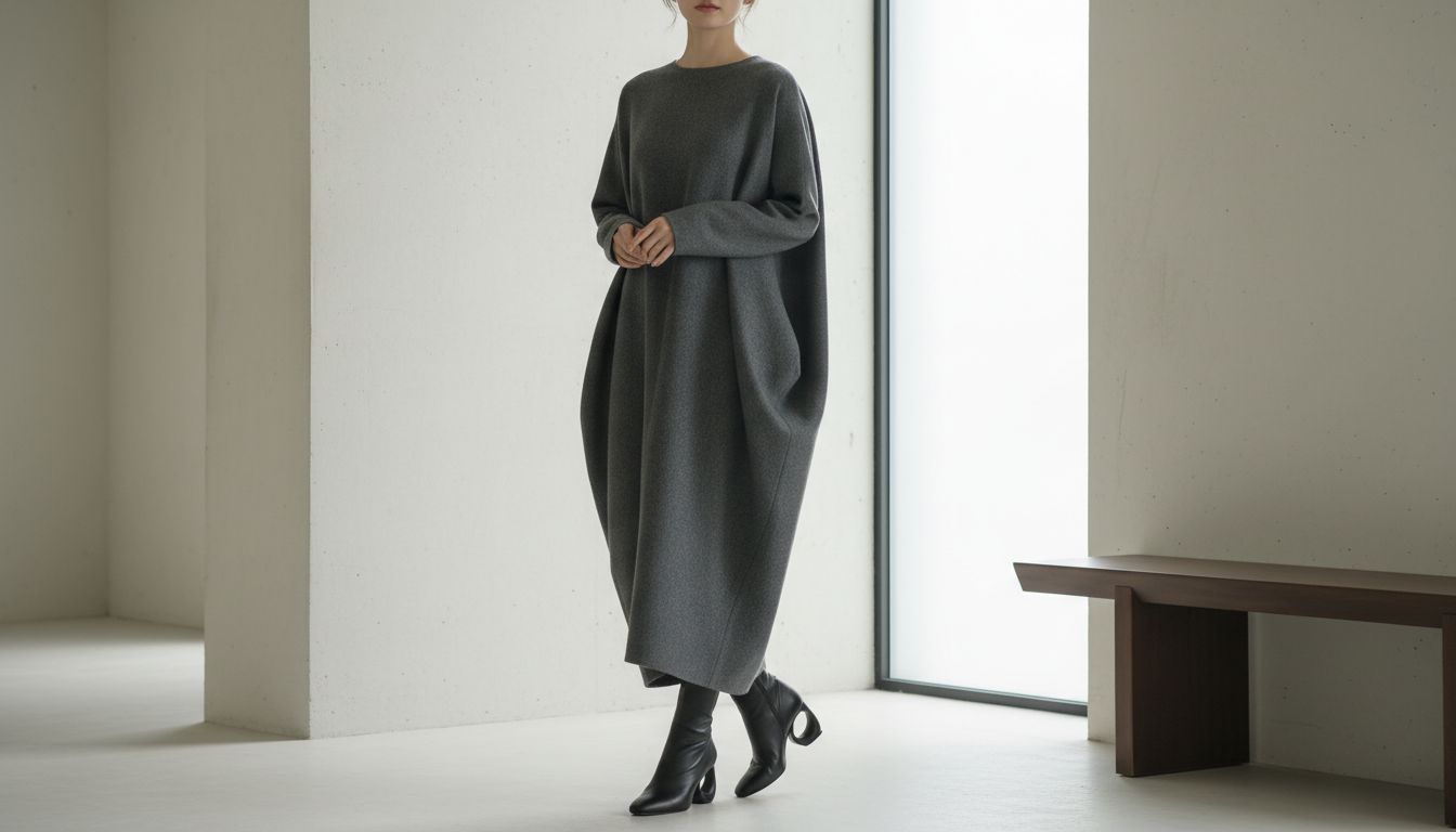Девушка в длинном, плотном платье-коконе из темно-серой шерсти и сапогах с Каблуком-Запятой, демонстрирующая идеальный баланс между подолом и обувью.