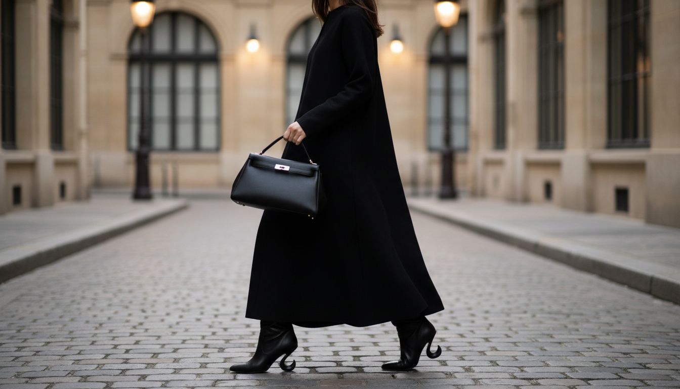 Детальный образ: черное шерстяное макси-платье, сапоги с Каблуком-Запятой и жесткая сумка-трапеция.