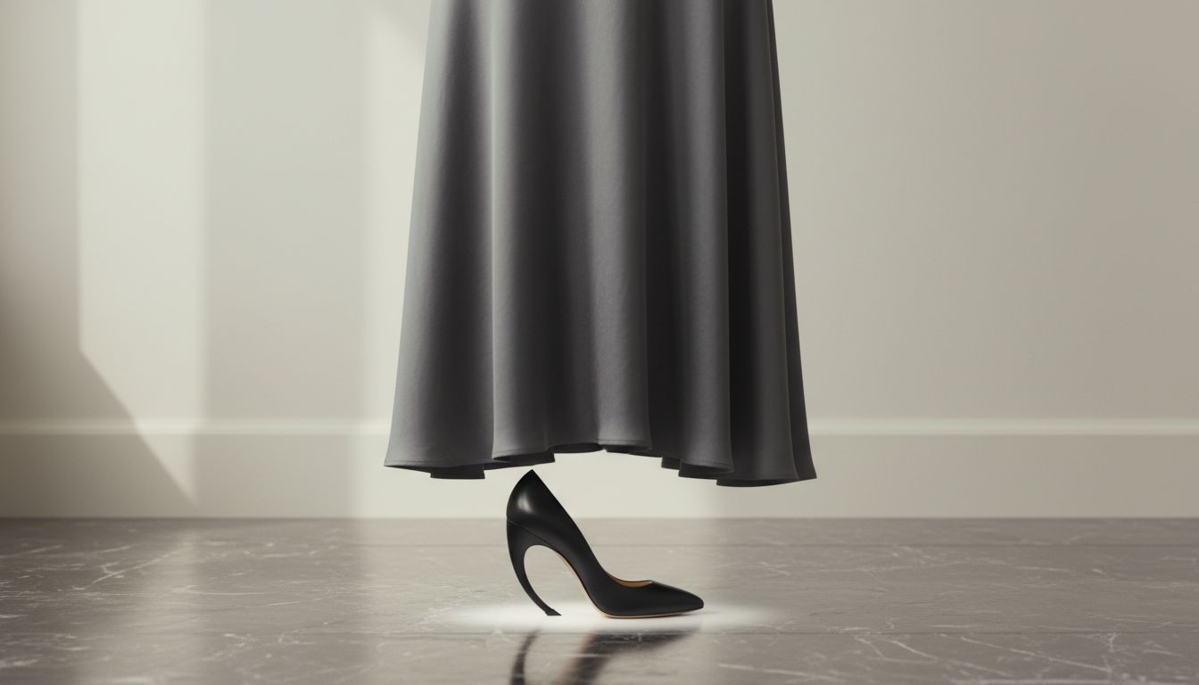 Схематическое изображение, показывающее, как изогнутый Каблук-Запятая создает оптический эффект легкости под тяжелым платьем-макси.