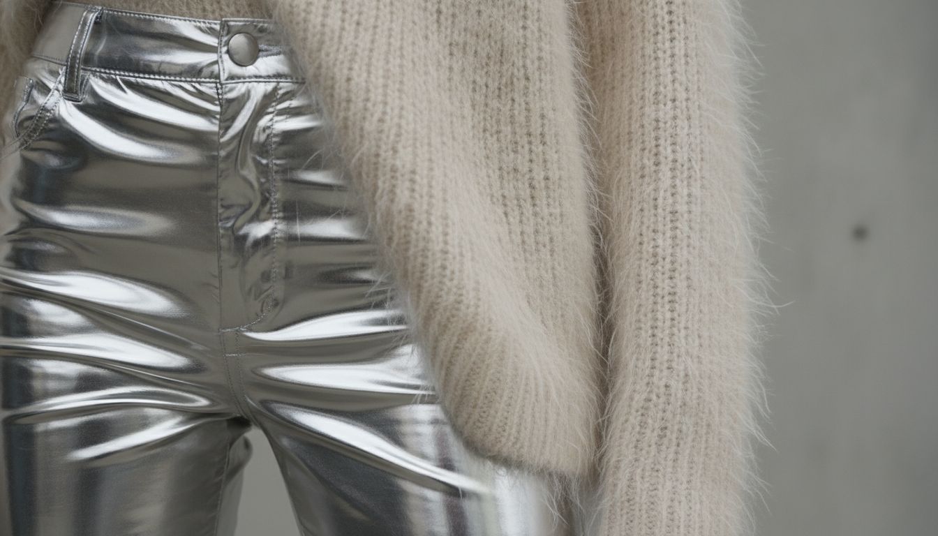 Крупный план текстуры: серебряный плотный жидкий металлик на брюках и ворсистая текстура мохерового свитера, показывающий резкий контраст.