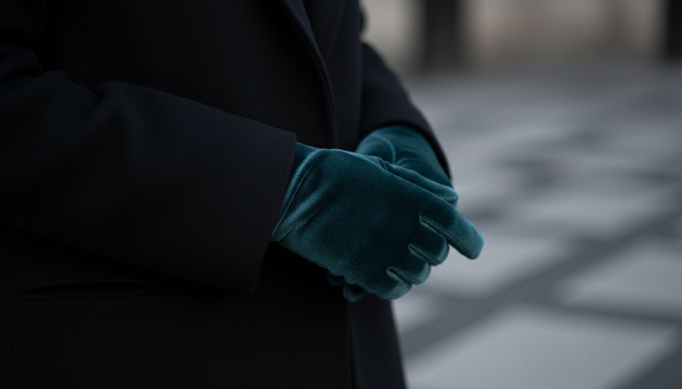 Деталь - перчатки-манжеты из плотного бархата Deep Matte Petrol, выглядывающие из-под рукава строгого черного пальто.