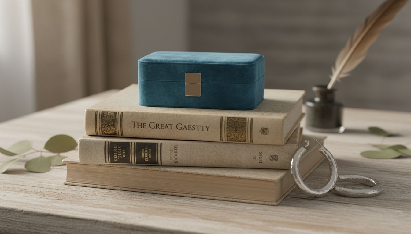 Стилизованный натюрморт: на стопке книг лежит небольшая бархатная сумка-бокс оттенка петроля рядом с массивными серебряными серьгами-кольцами.