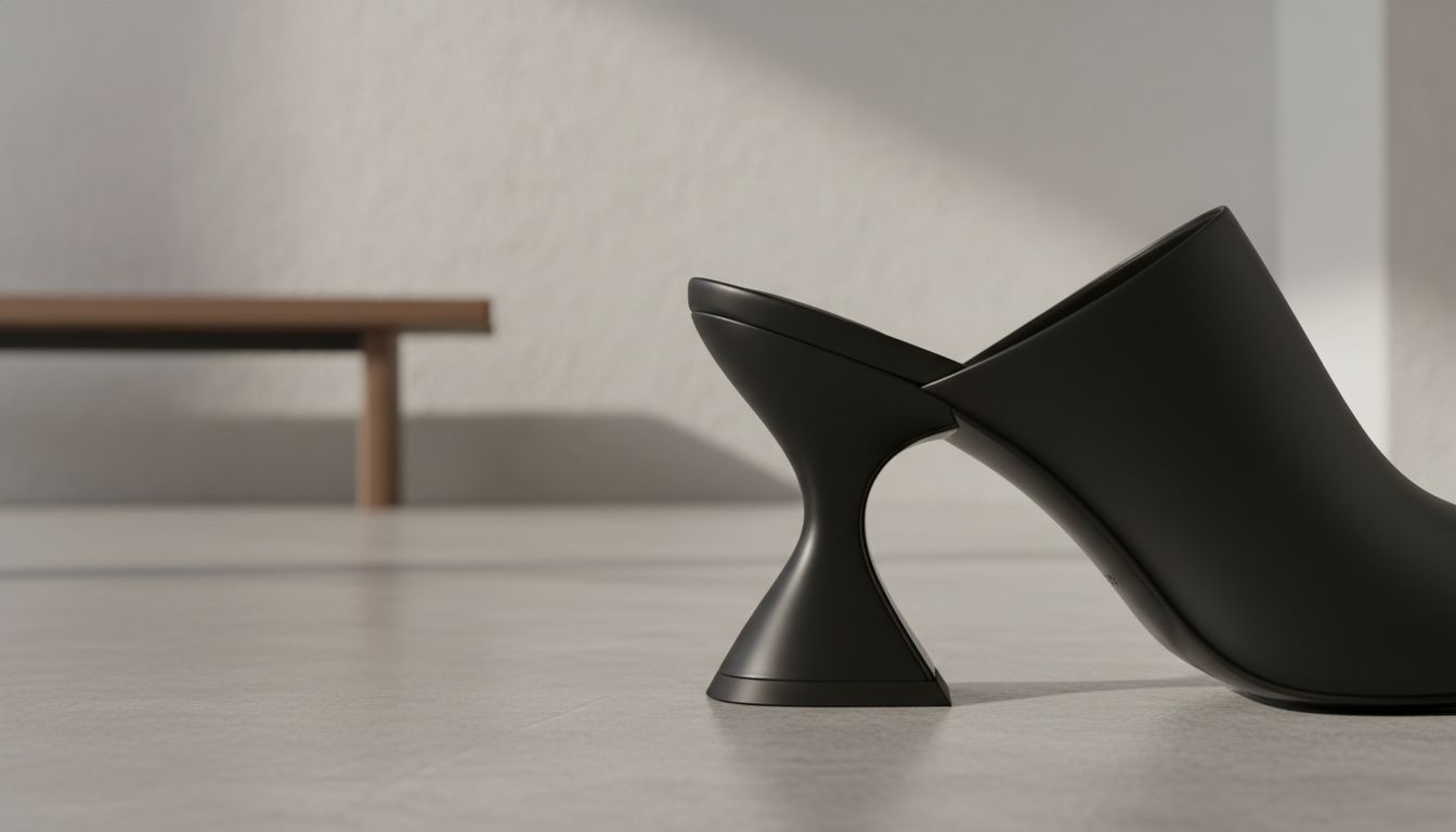 Крупный план скульптурного каблука-песочных часов на мюлях из черной матовой кожи, демонстрирующий резкий изгиб в центре.