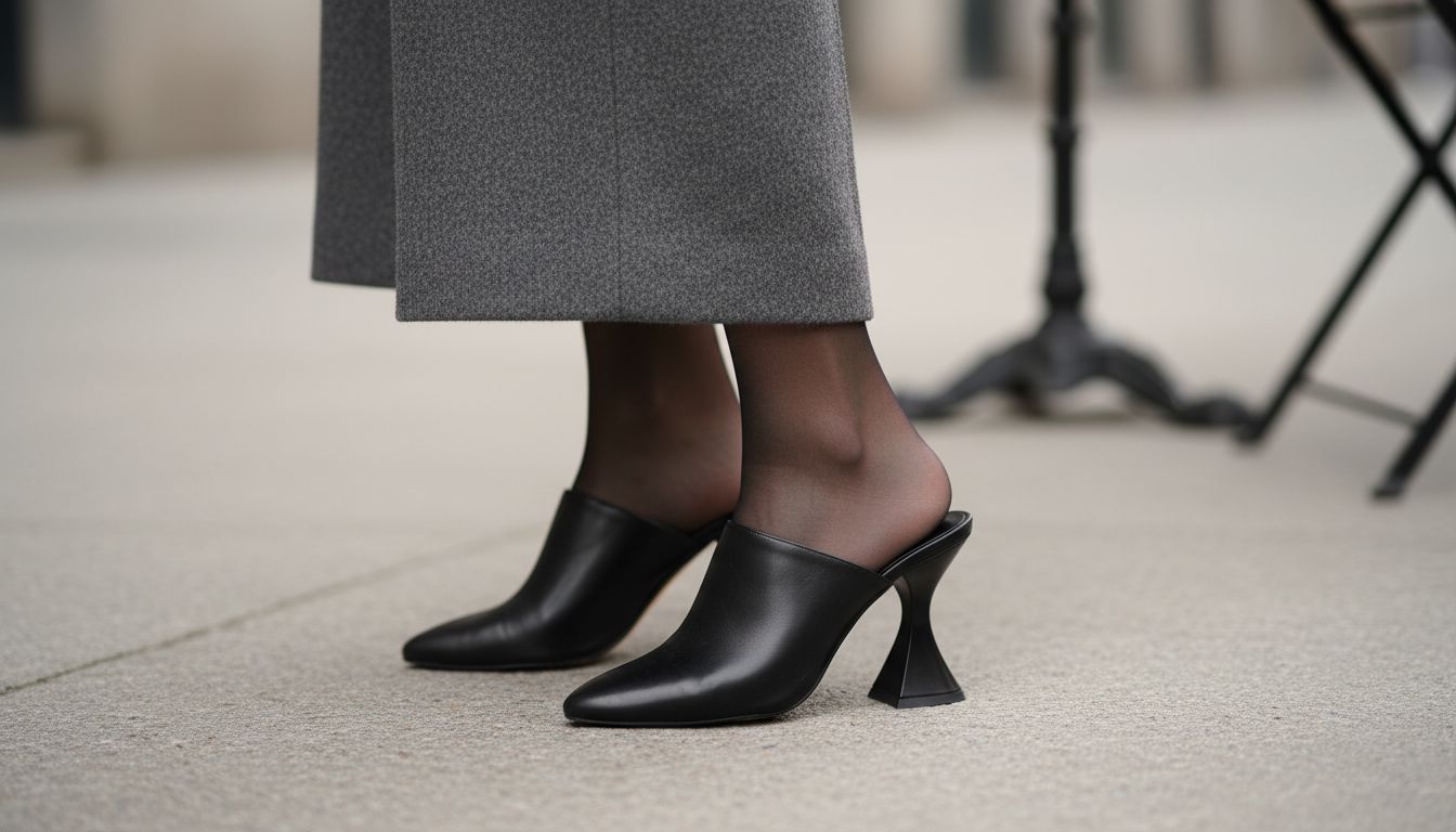 Детальный кадр, где плотные серые шерстяные кюлоты заканчиваются ровно над лодыжкой, открывая вид на мюли с каблуком-песочными часами и тонкие черные матовые колготки.