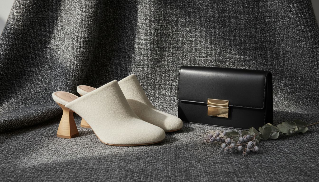 Стилизованный натюрморт: зимние мюли с каблуком-песочными часами стоят на фоне грубого твида, рядом лежит жесткий кожаный клатч.