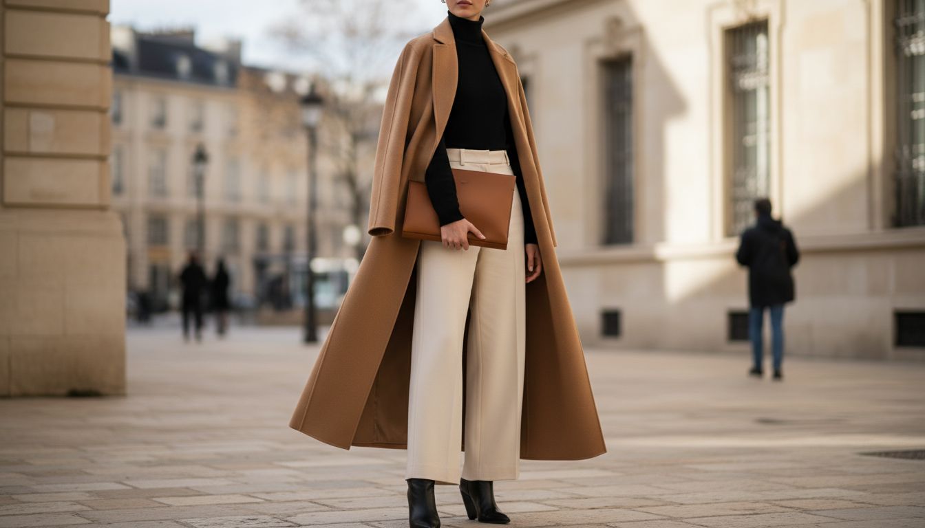 Модель держит под мышкой крупный прямоугольный клатч из матовой коричневой кожи, на ней длинное, свободное пальто цвета camel.