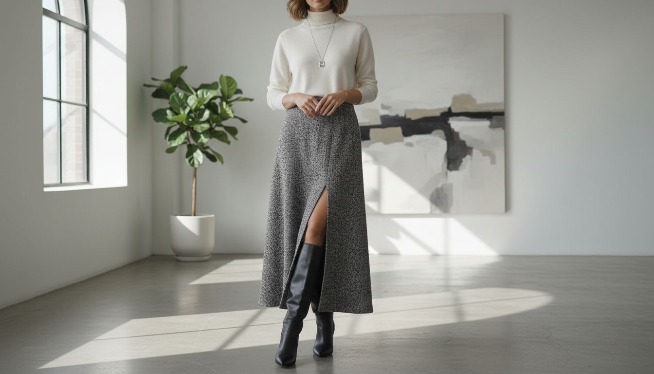 Стилизованный образ: юбка-макси из серого буклированного твида с высоким разрезом, открывающим часть голенища высоких черных матовых сапог.