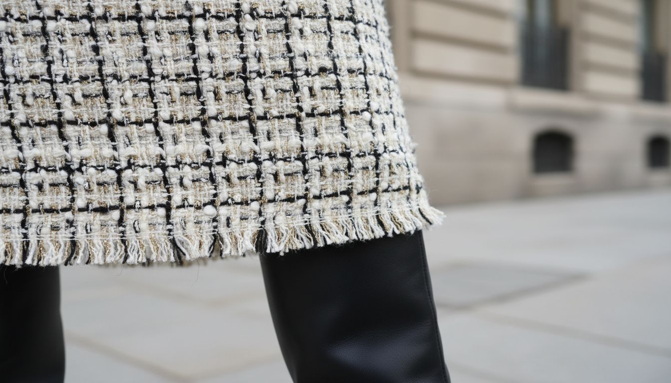 Деталь: Сочетание подола юбки из буклированного твида и верха сапога из матовой кожи, показывающее резкий контраст текстур.