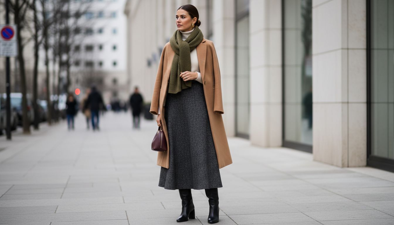 Женщина стоит на городской улице, демонстрируя полный зимний образ с юбкой-макси из твида, сапогами и длинным, гладким пальто.