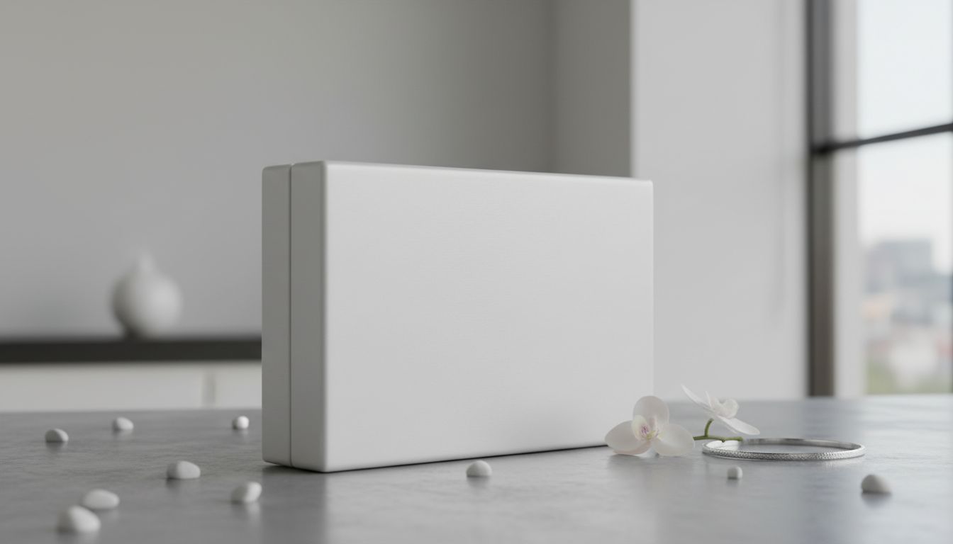 Крупный план жесткого клатча из матовой фарфоровой белой кожи с четкими, прямыми углами