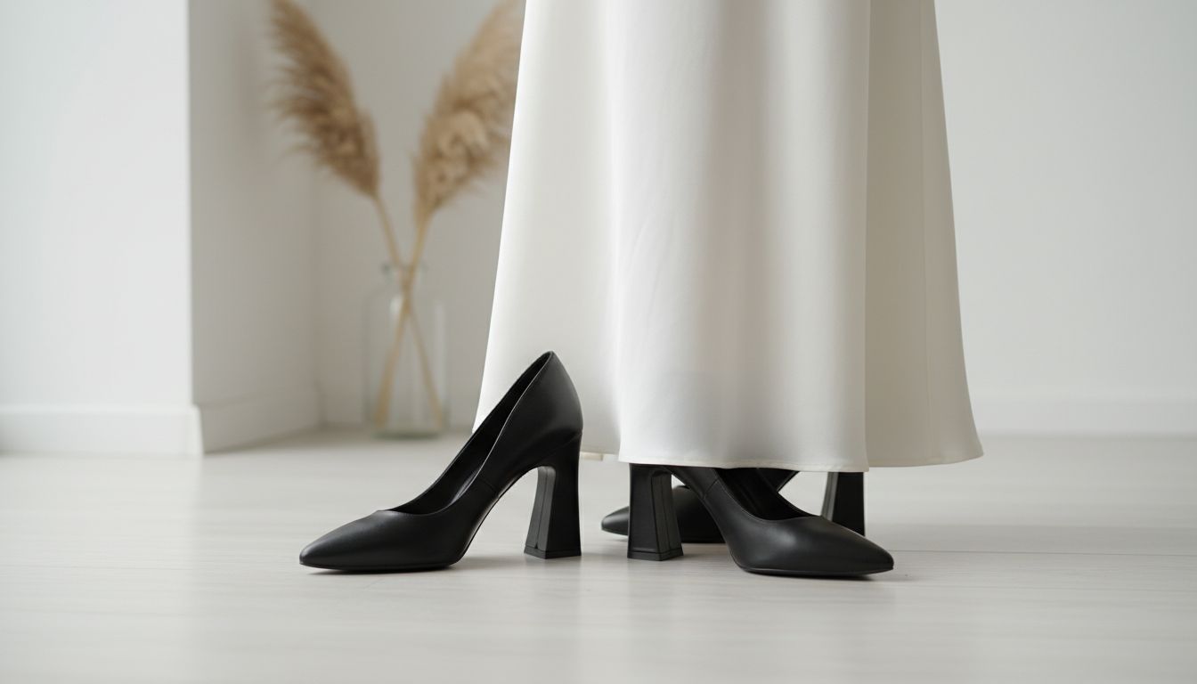 Детализация обуви: минималистичные туфли-лодочки с острым носком и архитектурным каблуком, стоящие рядом с подолом платья.