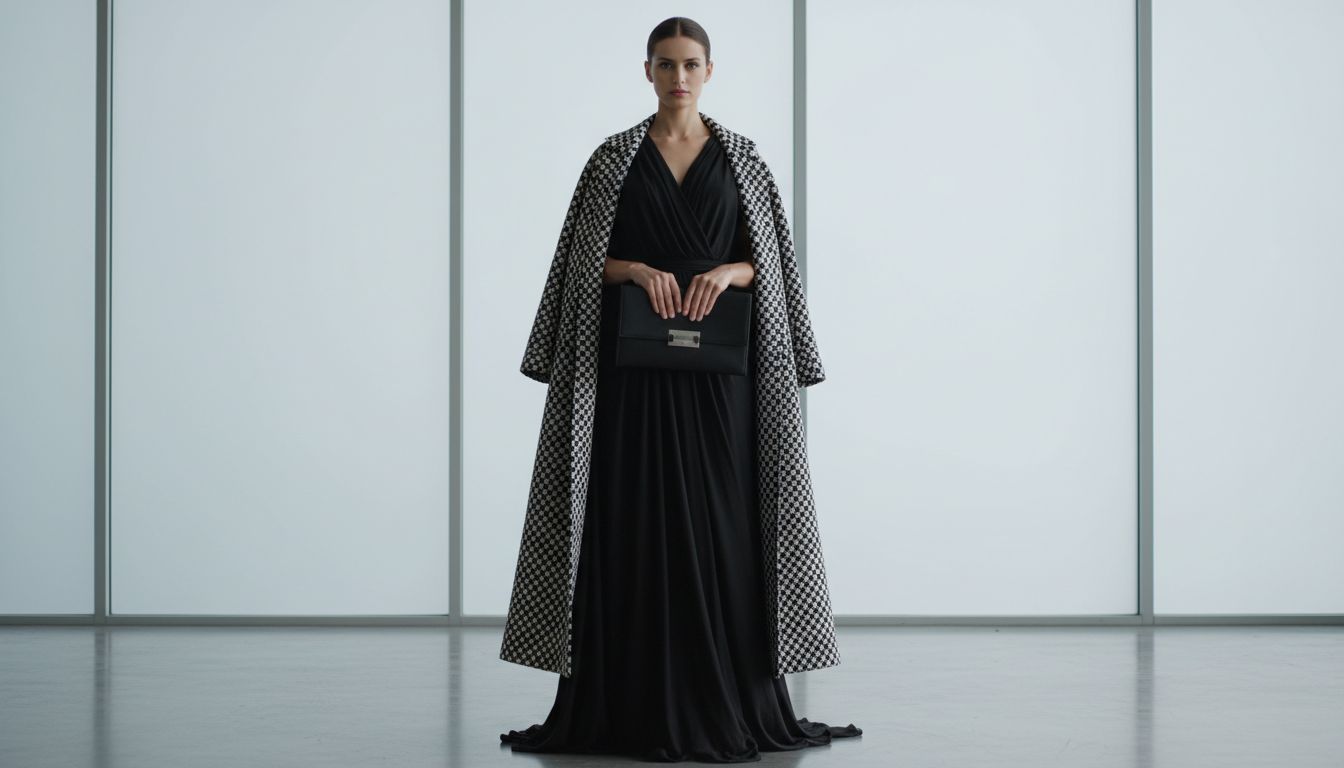 Модель в черном платье с драпировкой, накинув на плечи длинное, графичное пальто-кокон и держа в руках жесткий клатч.
