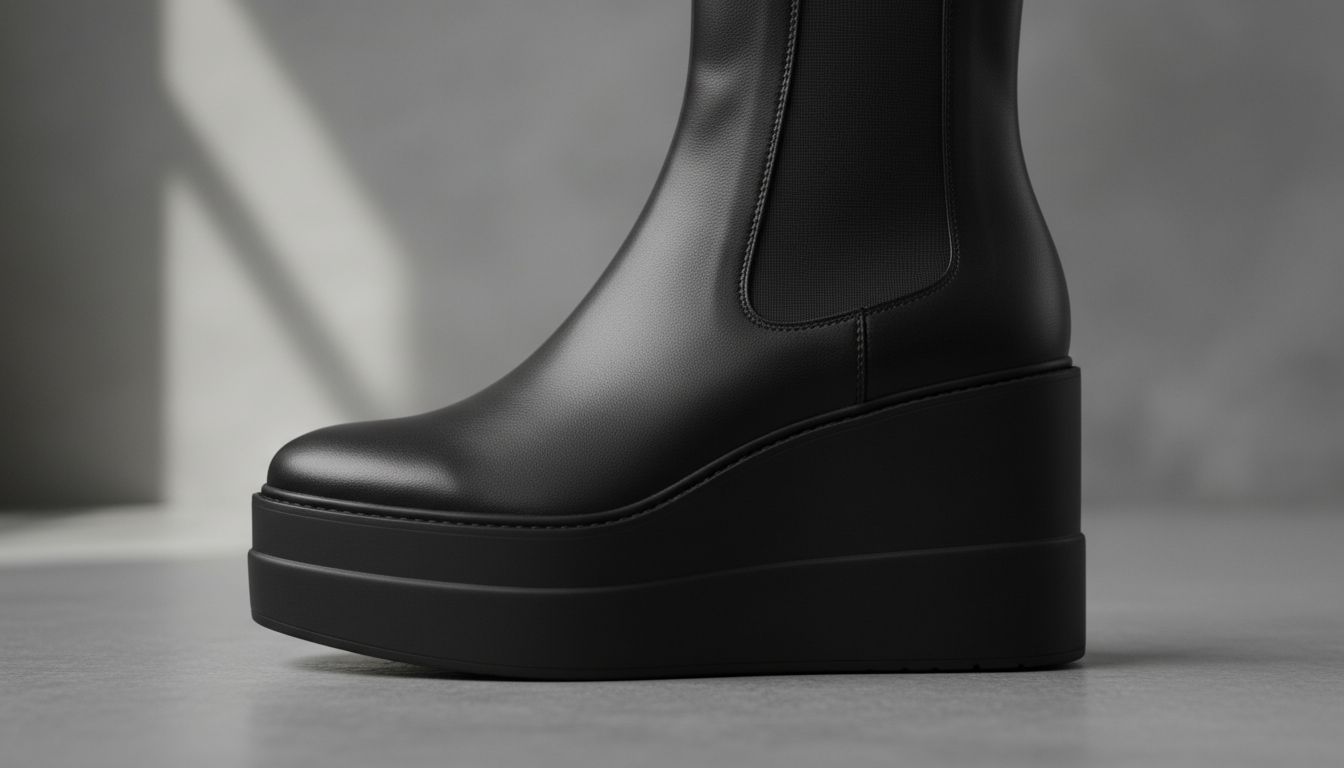 Крупный план ботинка-челси, демонстрирующий чистую, жесткую линию танкетки-платформы и матовую текстуру.