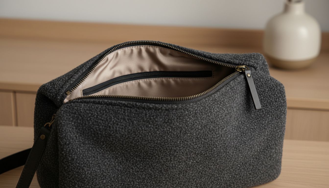 Крупный план Муфты-Сумки из плотного букле или шерстяного фетра, демонстрирующий внутреннее отделение на молнии.