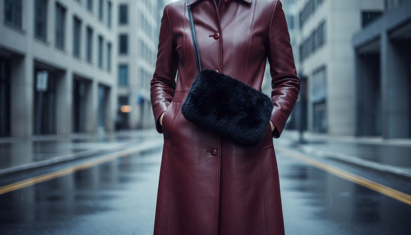 Стилизованный образ, где Муфта-Сумка из черного меха носится с длинным бордовым кожаным пальто, застегнутым наглухо.