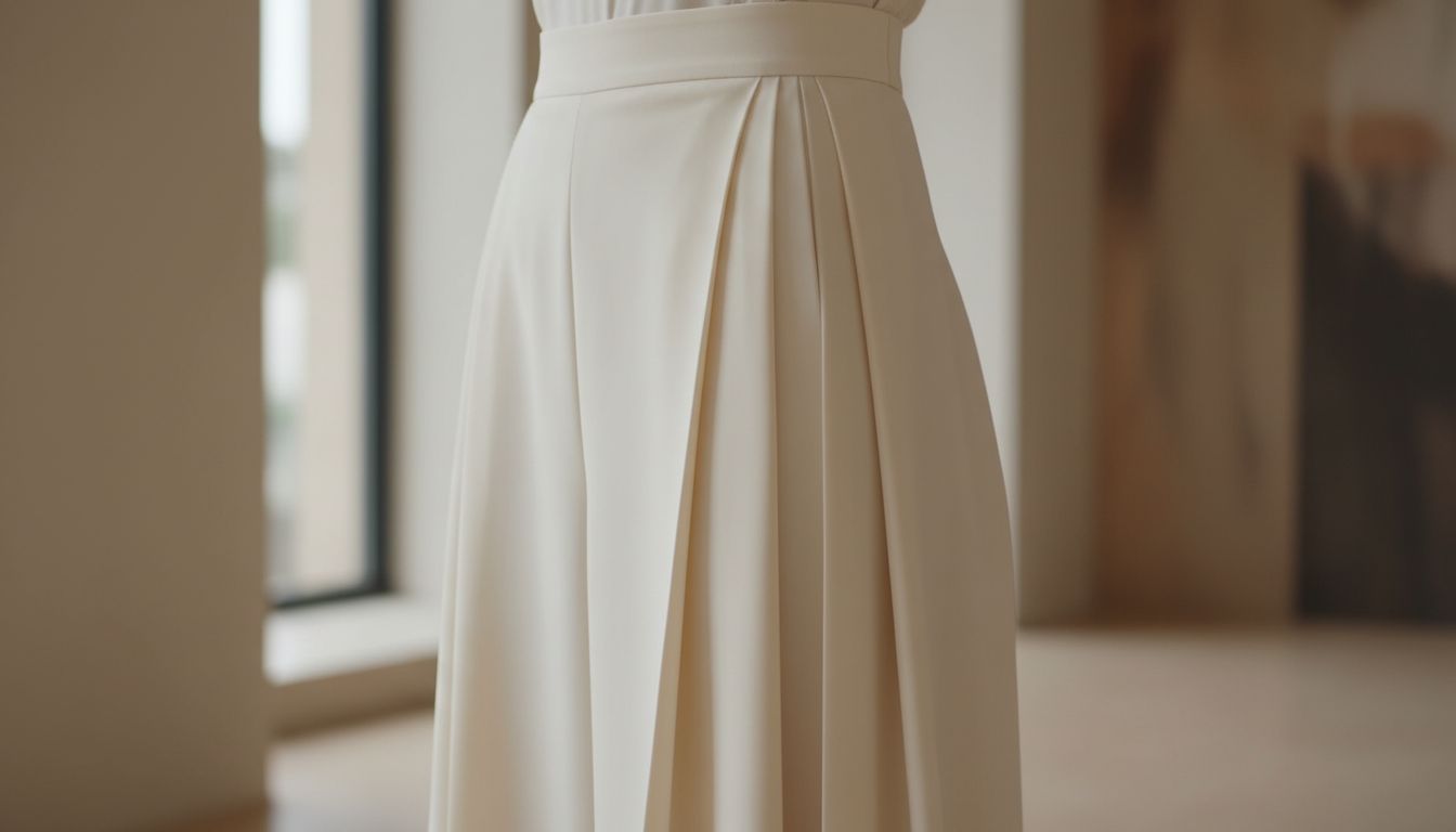 Крупный план жесткой складки оригами на бедре брюк-палаццо, демонстрирующий четкость линий и плотность материала.