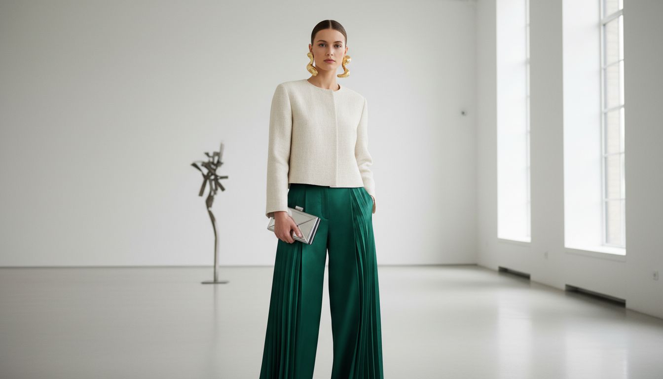 Стилизованный образ: укороченный жакет-коробка, брюки-палаццо со складкой оригами, дополненные жестким металлическим клатчем и скульптурными серьгами.