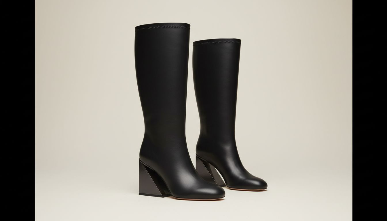 Сапоги-трубы из черной матовой кожи с геометрическим каблуком в форме перевернутой пирамиды, стоящие отдельно, демонстрируя четкость силуэта.