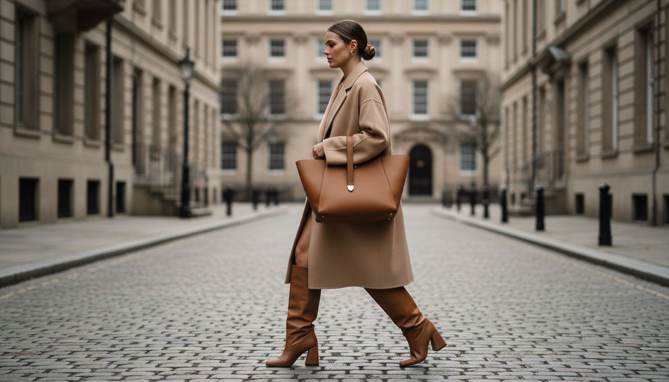 Женщина в бежевом кашемировом пальто оверсайз, дополненном сапогами-трубами с каблуком-пирамидой и крупной, структурированной сумкой-тоут.