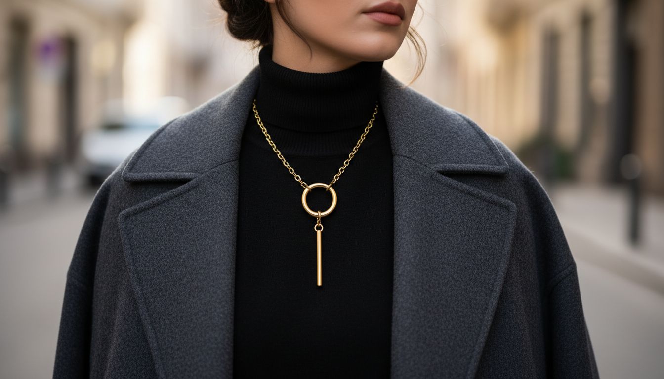 Колье-тогл на черной водолазке и пальто оверсайз. Женщина в строгом зимнем образе, где колье является главным акцентом.
