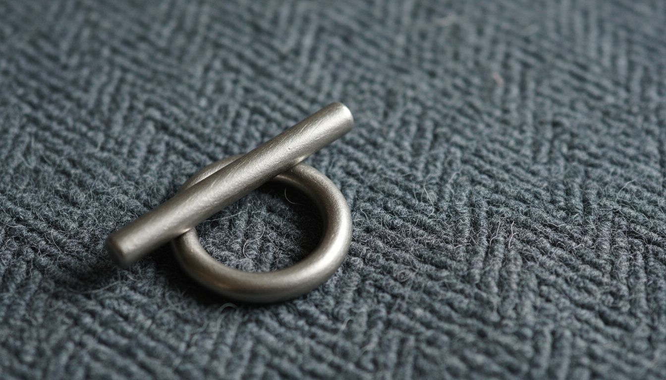 Детализированный снимок застежки тогл из матового серебра, лежащей на фоне плотной шерстяной ткани.