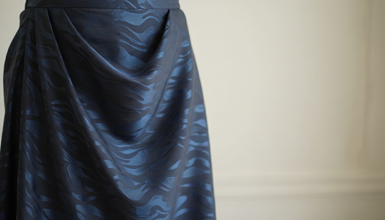 Крупный план юбки из темно-синего муара, демонстрирующий волнообразный рисунок на изгибах ткани.