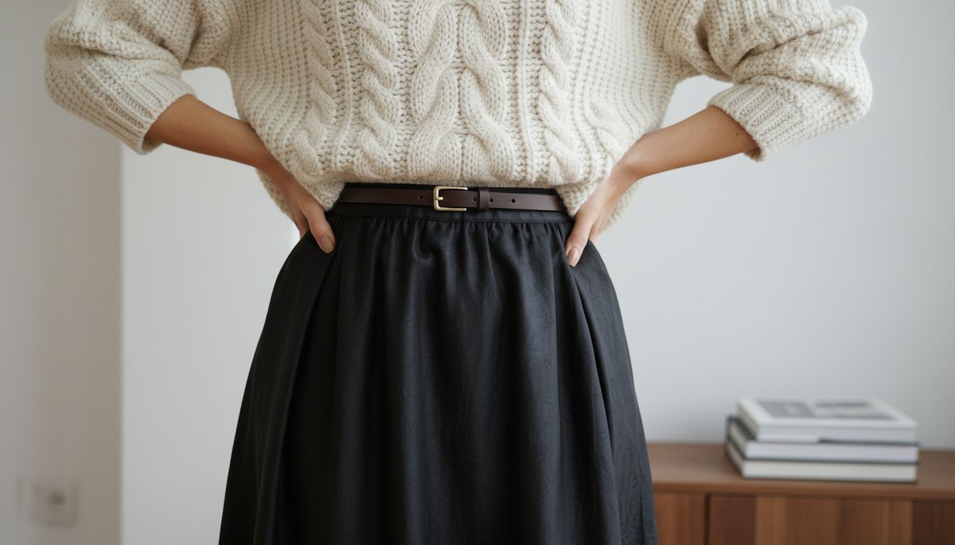 Девушка в объемном свитере крупной вязки цвета слоновой кости, заправленном в юбку-миди из черного муара. Фокус на линии талии.