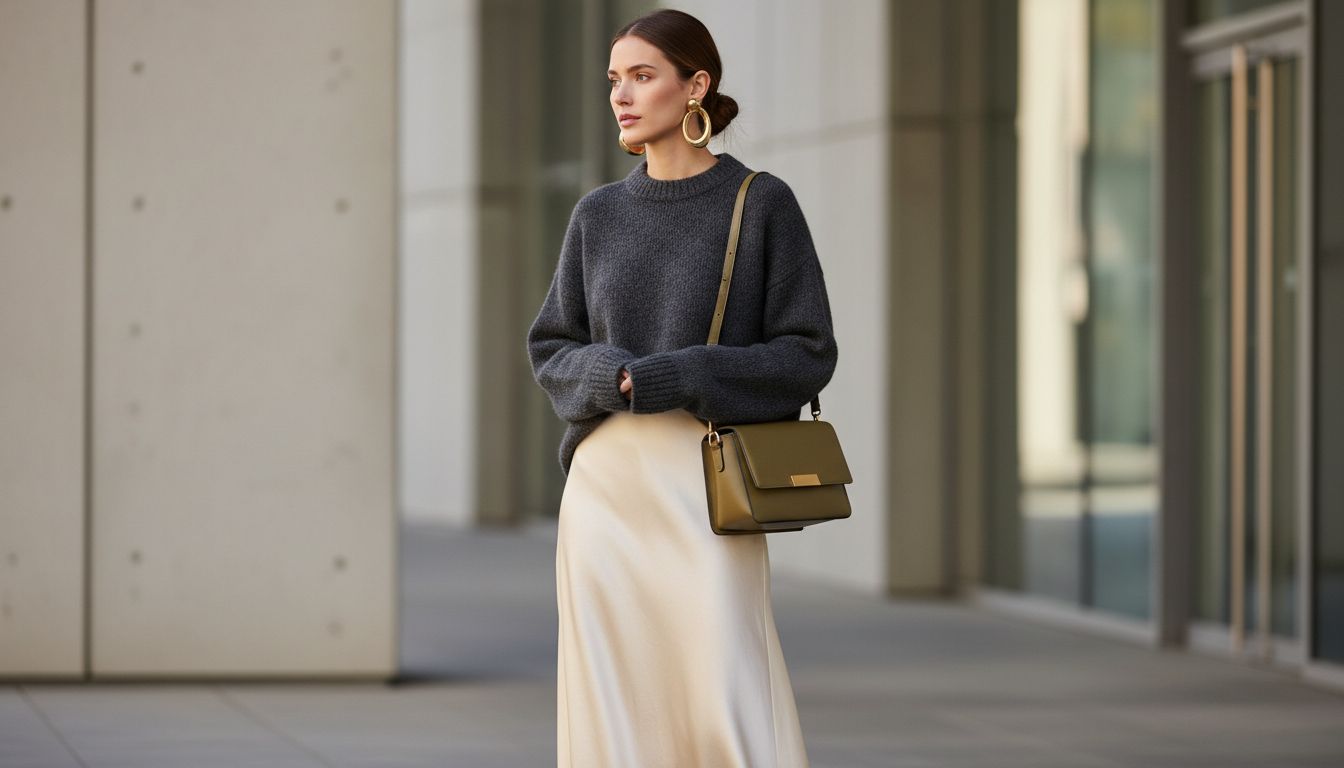 Заключительный образ: Юбка из муара, свитер, сумка-кофр и скульптурные серьги на модели.