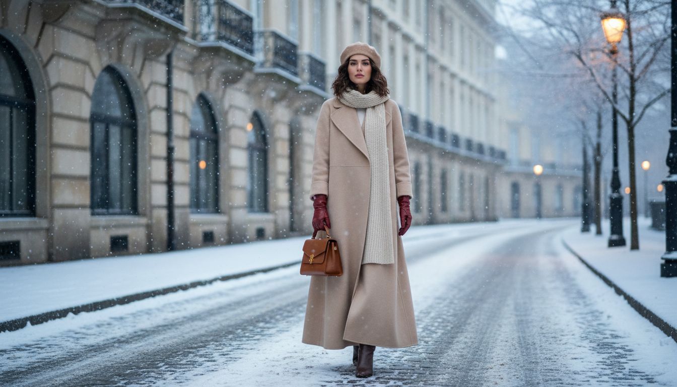 Общий образ: Женщина в длинном пальто цвета бежевый кашемир и гранатовых перчатках, идущая по заснеженной улице.